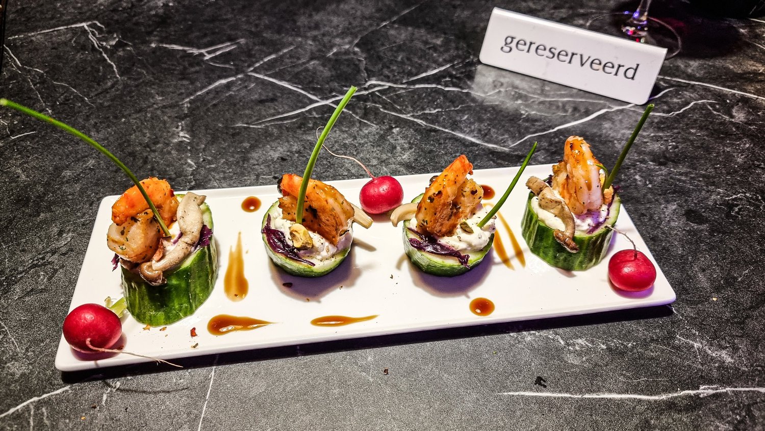 Plated appetizers with prawns